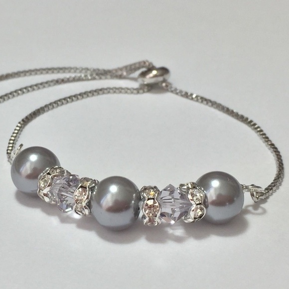 Handmade Jewelry - Gray Glass Pearls w/ Gray Crystal Bolo Bracelet